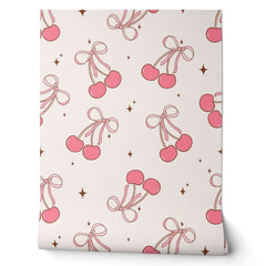 Pink Coquette Cherry Bow Pattern Wallpaper