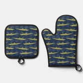 Green Alligator Navy Blue Patterned Oven Mitt & Pot Holder Set