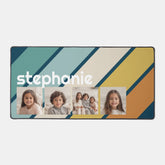 4 Photo Collage Retro Stripe - blue and gold Desk Mat