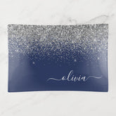 Navy Blue Silver Glitter Girly Monogram Name Trinket Tray
