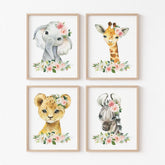 Jungle Animals, Safari, Pink Flowers, Girl Nursery Wall Art Sets