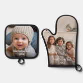 Full Photo with Custom Text in White Script Oven Mitt & Pot Holder Set