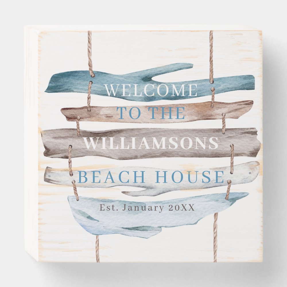 Personalize Coastal Driftwood Welcome Beach House Wooden Box Sign