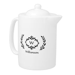 Elegant Monogram Name Modern Wreath Black & White Teapot