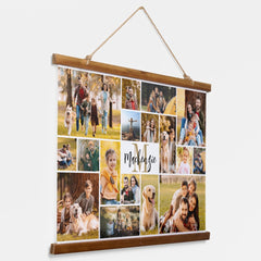Modern 17 Photo Collage Monogram Script Name Hanging Tapestry