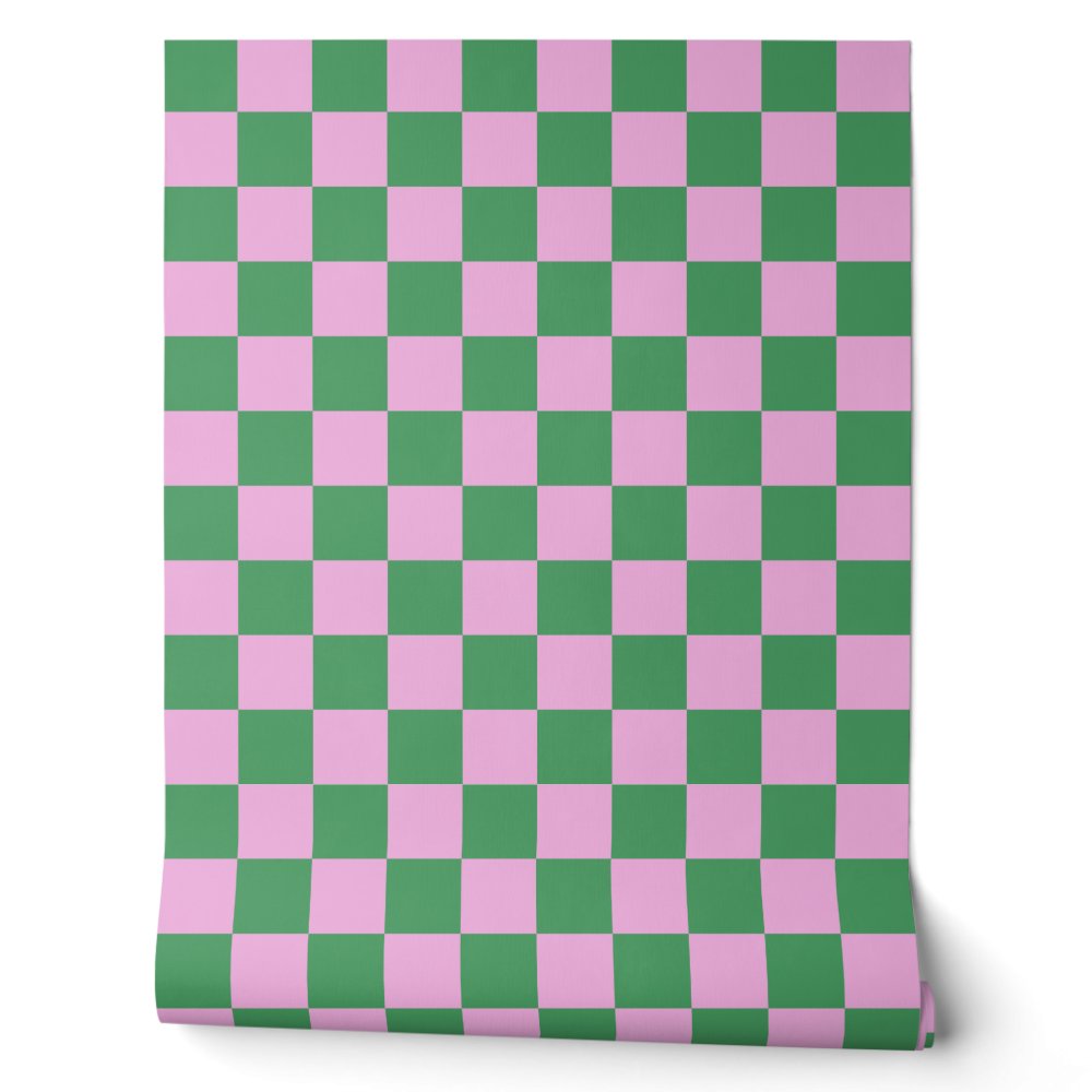 Preppy Retro Pink and Green Geometric Checkerboard Wallpaper