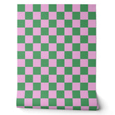 Preppy Retro Pink and Green Geometric Checkerboard Wallpaper