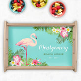 Tropical Pink Flamingo Floral Beach House Monogram Serving Tray