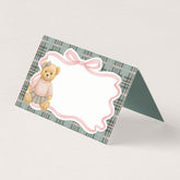 Pink Coquette Bow Bear Tartan Plaid Place Card