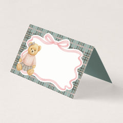 Pink Coquette Bow Bear Tartan Plaid Place Card