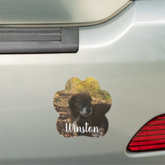 Personalized Dog Photo White Script Paw Print Car Magnet
