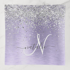 Purple Brushed Metal Silver Glitter Monogram Name Trinket Tray