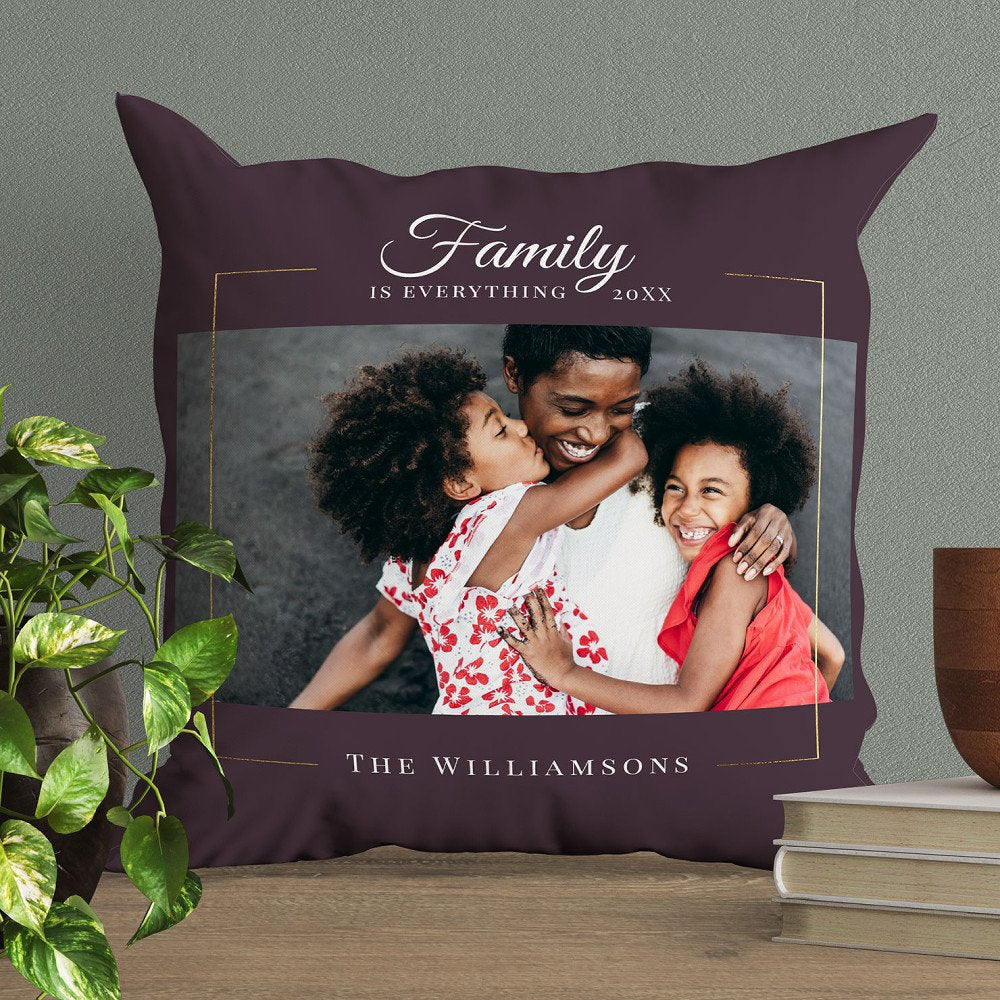 Modern Frame | Family is EVERYTHING Photo Gold Throw Pillow