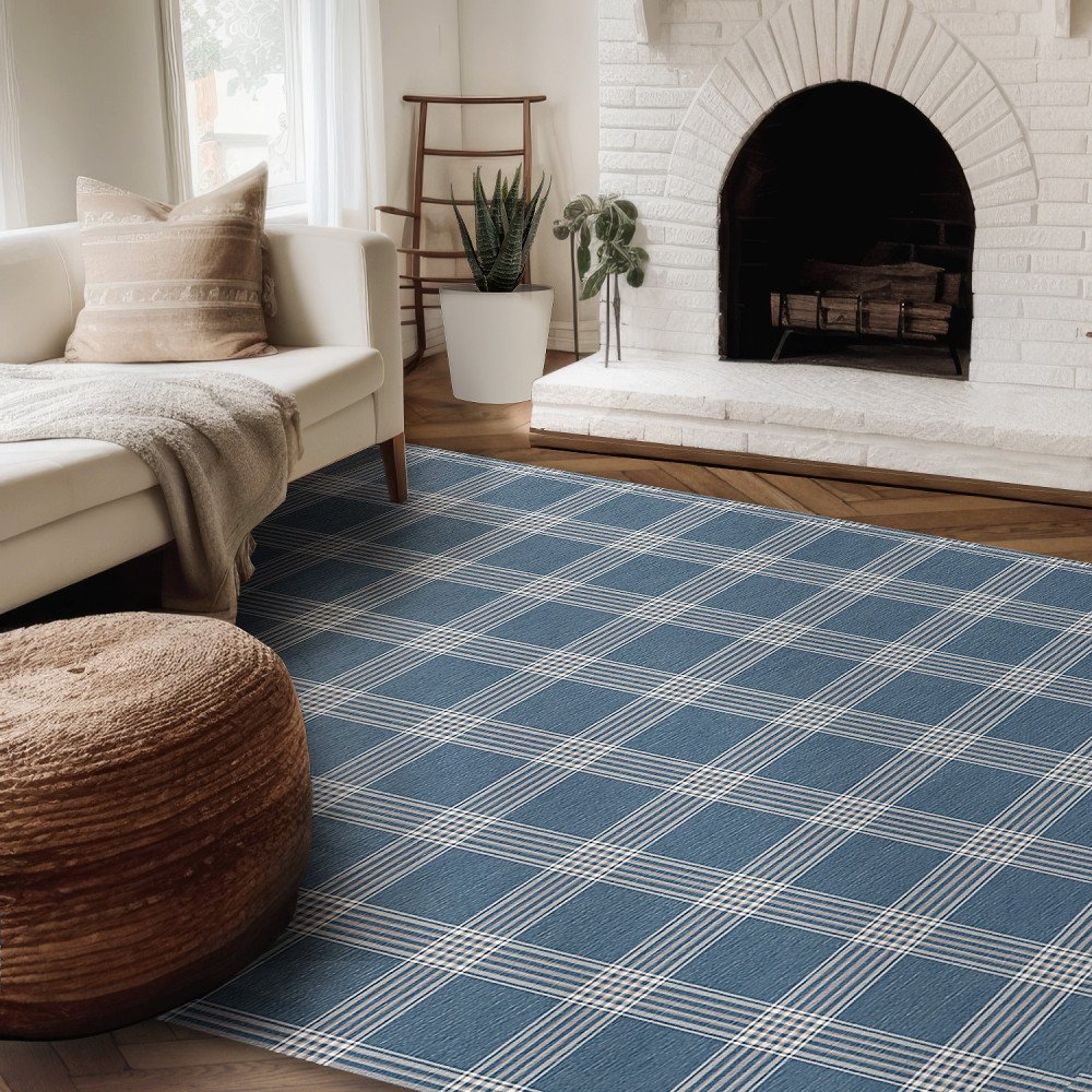 Modern Farmhouse Rug, Blue And White Plaid Area Rug