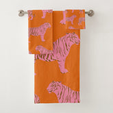 Cute Boho Orange and Pink Tiger Art Pattern Bath Towel Set