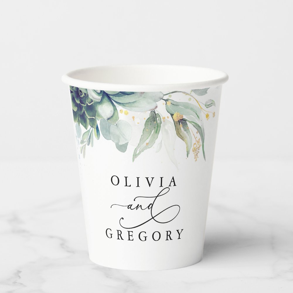Succulents Gold Greenery Elegant Modern Wedding Paper Cups