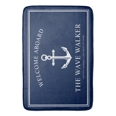 Nautical Boat Welcome | Navy and White Bath Mat