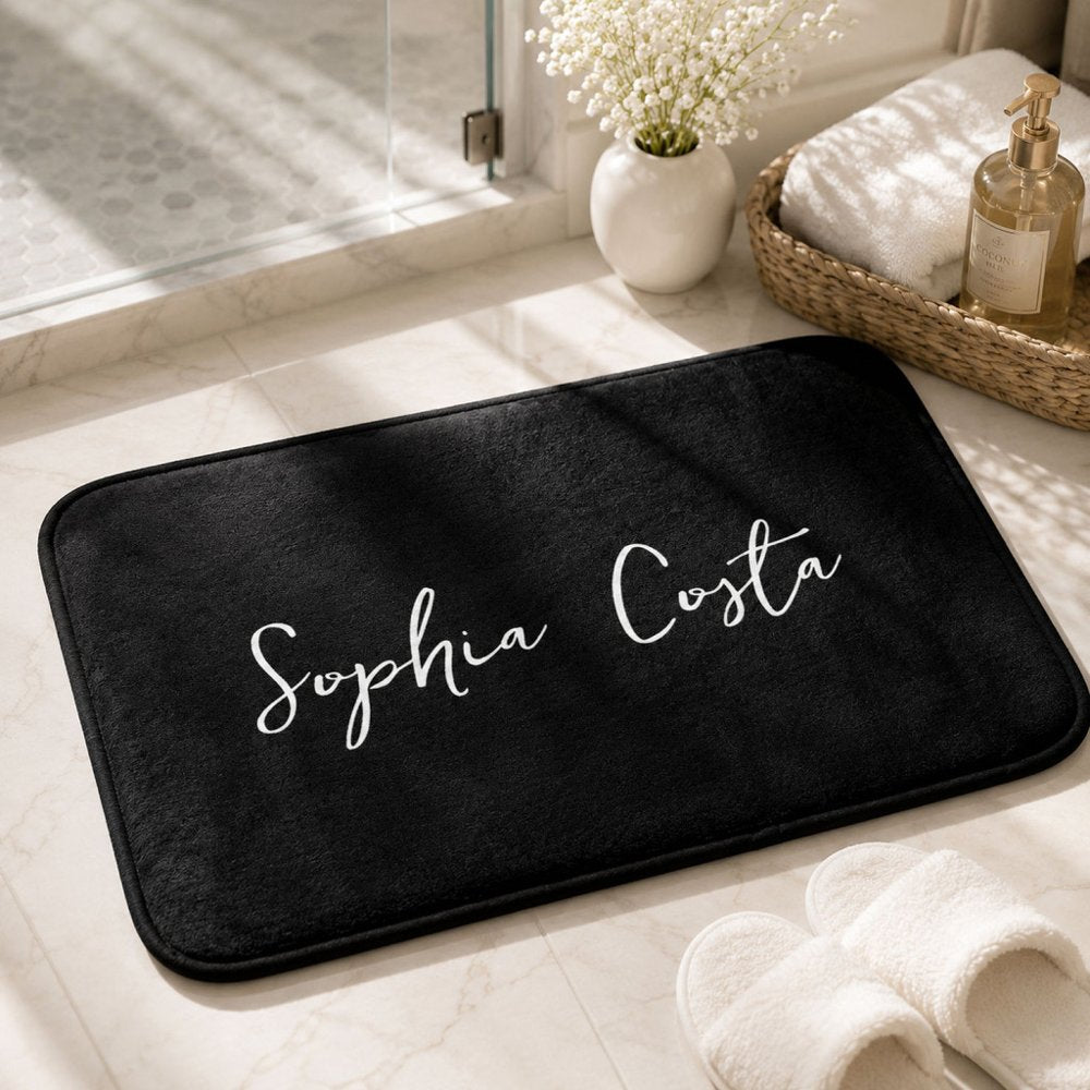 Trendy Script Modern Custom Signature Name Black Bath Mat