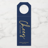 Modern Gold & Navy Brush Lettering Cheers Party Bottle Hanger Tag