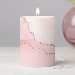 Pink Blush Agate with Gold Ribbon Elegant Pillar Candle