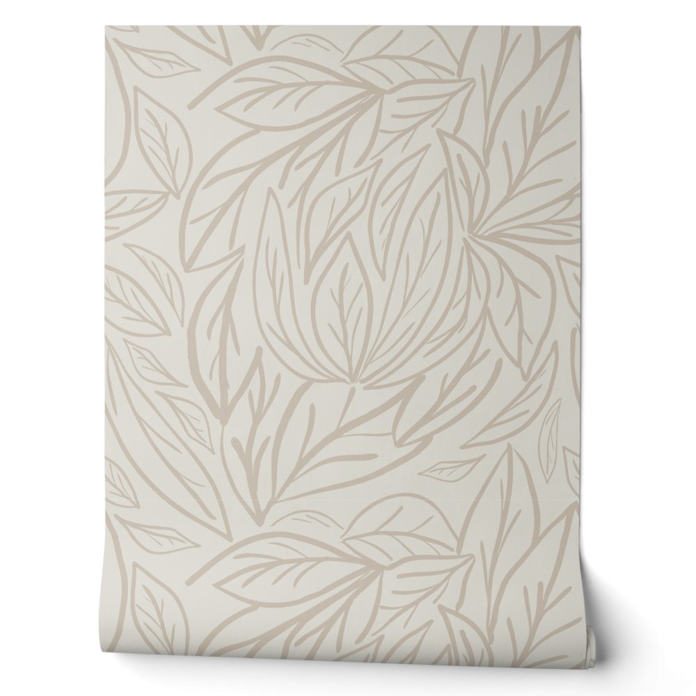 Japandi Line art leaves minimal neutral beige Wallpaper