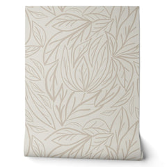 Japandi Line art leaves minimal neutral beige Wallpaper