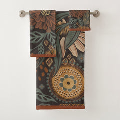 Dark Boho Terracotta Sage Botanical Pattern Bath Towel Set