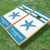 White rustic wood teal starfish family beach house cornhole set