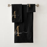 Modern Elegant Black Gold Monogram Script Name Bath Towel Set