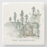 Rustic Cabin Watercolor Forest Green Family Name Stone Coaster