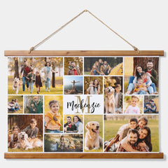 Modern 17 Photo Collage Monogram Script Name Hanging Tapestry