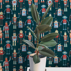 Fun Robot Pattern Teal Green Wallpaper