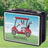 Fun Red & Black Golf Cart Name Monogram Metal Lunch Box
