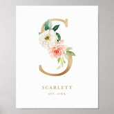 Letter S Blush Floral Monogram Gold Foil Nursery Poster