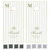 Monogram Retro Green White Stripes Script Wedding Cornhole Set