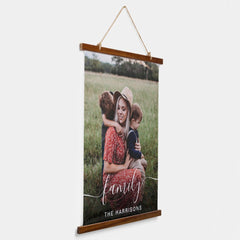 Family White Script Photo Overlay Monogram Hanging Tapestry