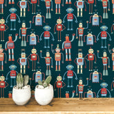 Fun Robot Pattern Teal Green Wallpaper