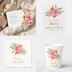 Cute Modern Pink Orange Flowers Shower Recipe Card