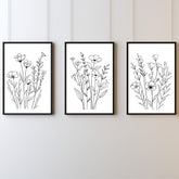 Black White Line Drawn Florals Set of 3 Wall Art