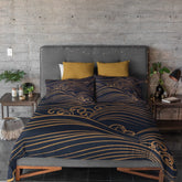 Japanese Waves Pattern Navy Blue and Gold Brown Duvet Cover