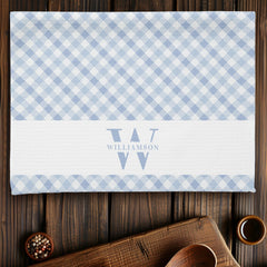 Modern Rustic Family Monogram Blue Gingham Plaid Kitchen Towel