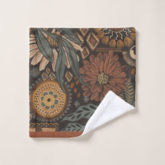 Dark Boho Terracotta Sage Botanical Pattern Bath Towel Set