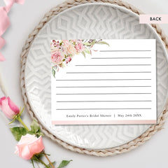 Pink, Rose Gold Floral Bridal Shower Recipe Card