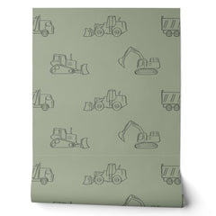 Construction Vehicles Builder Boy Truck Sage Green Wallpaper