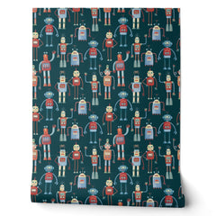 Fun Robot Pattern Teal Green Wallpaper