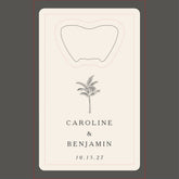 Minimalist Ecru Palm Tree Line Art Custom Wedding Credit Card Bottle Opener
