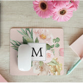 Modern Watercolor Pink Flowers Monogrammed Mouse Pad