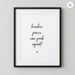 'London Paris New York Repeat' Poster | Pink 8x10
