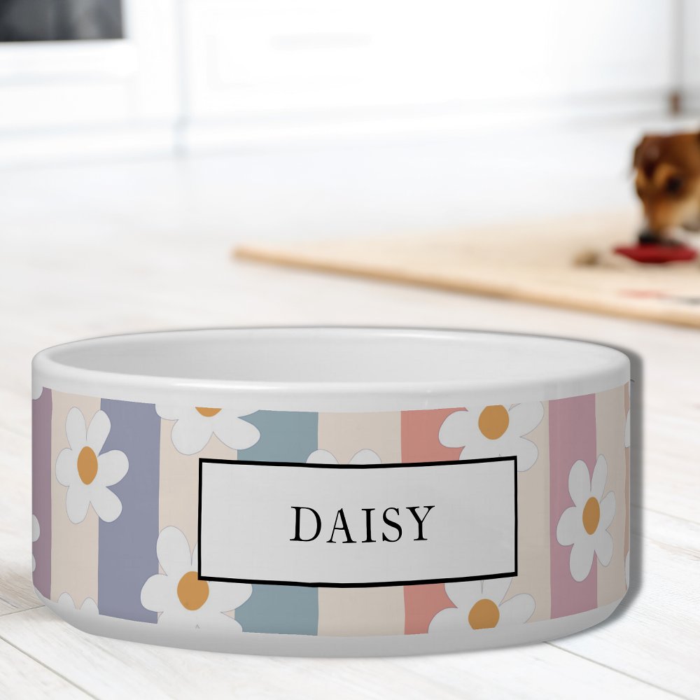 Personalized Floral Pastel Stripes Pet Bowl