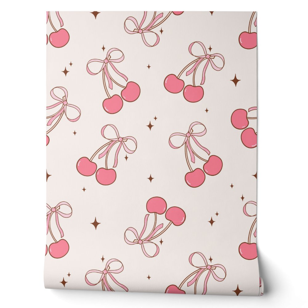 Pink Coquette Cherry Bow Pattern Wallpaper